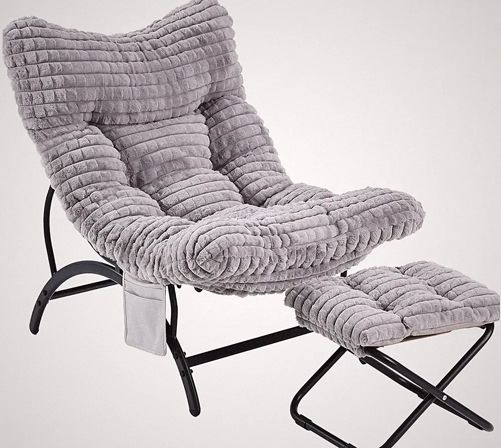 Grey Lazy Chair with Ottoman, Oversized Reading Chair for Adults, Soft Padded Lo