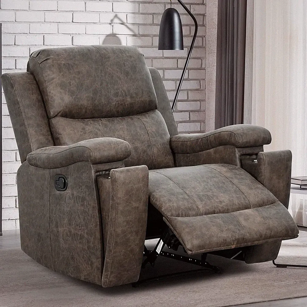 Grey Overstuffed Recliner Chair with Cup Holder for Living Room & Bedroom