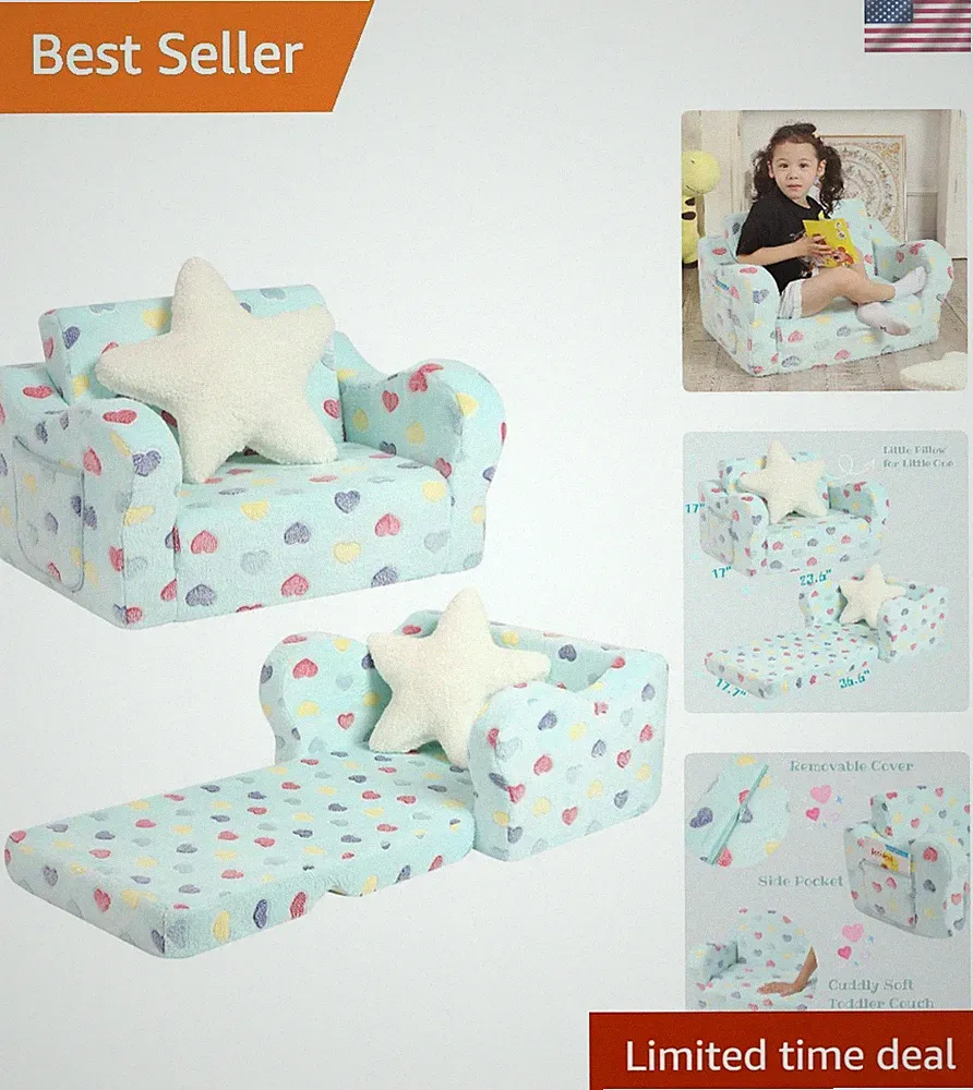 Kids-Friendly 2-in-1 Couch and Lounger - Colorful Heart Design for Toddlers