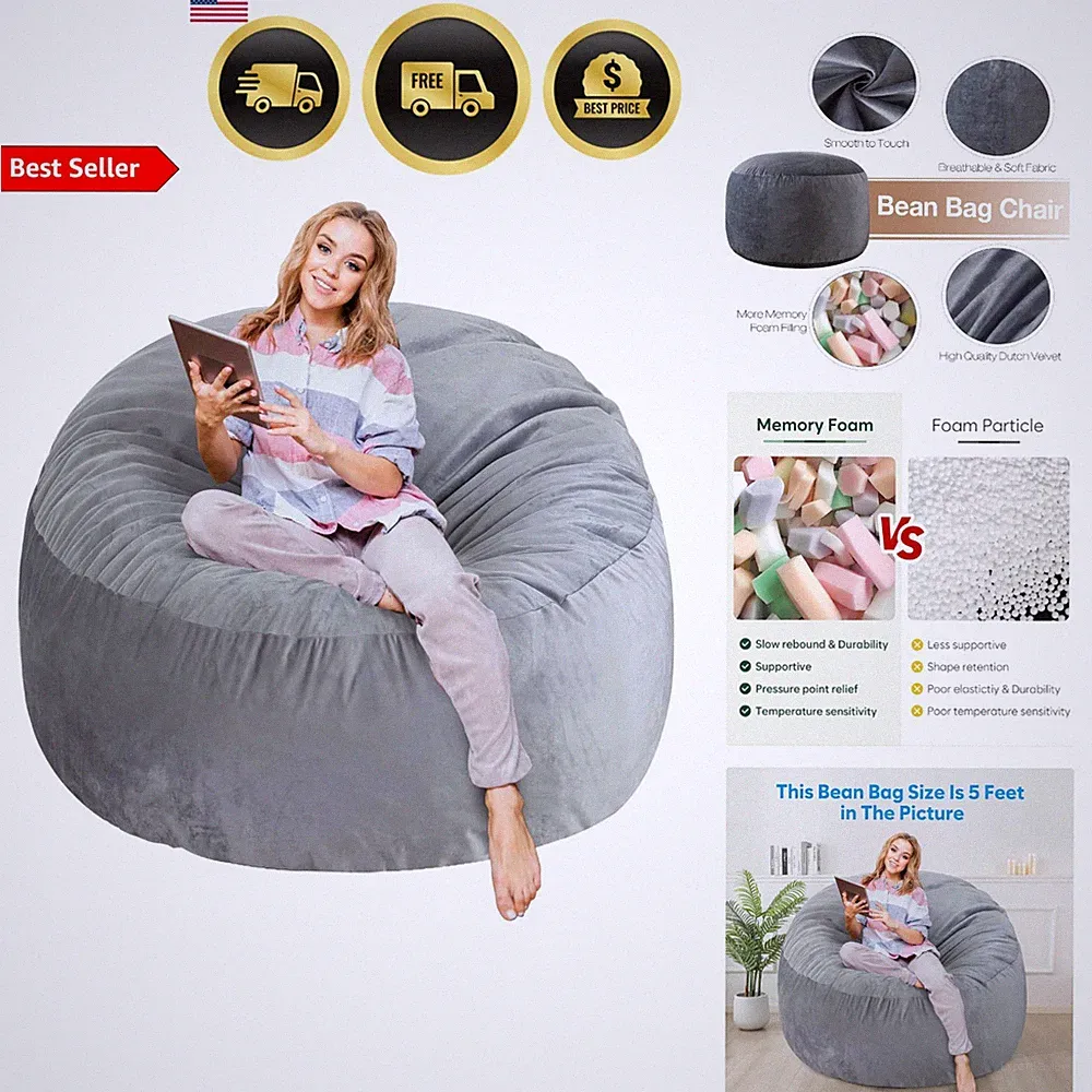 Large Bean Bag Chair for Adults Teens Memory Foam Soft Velvet Comfortable