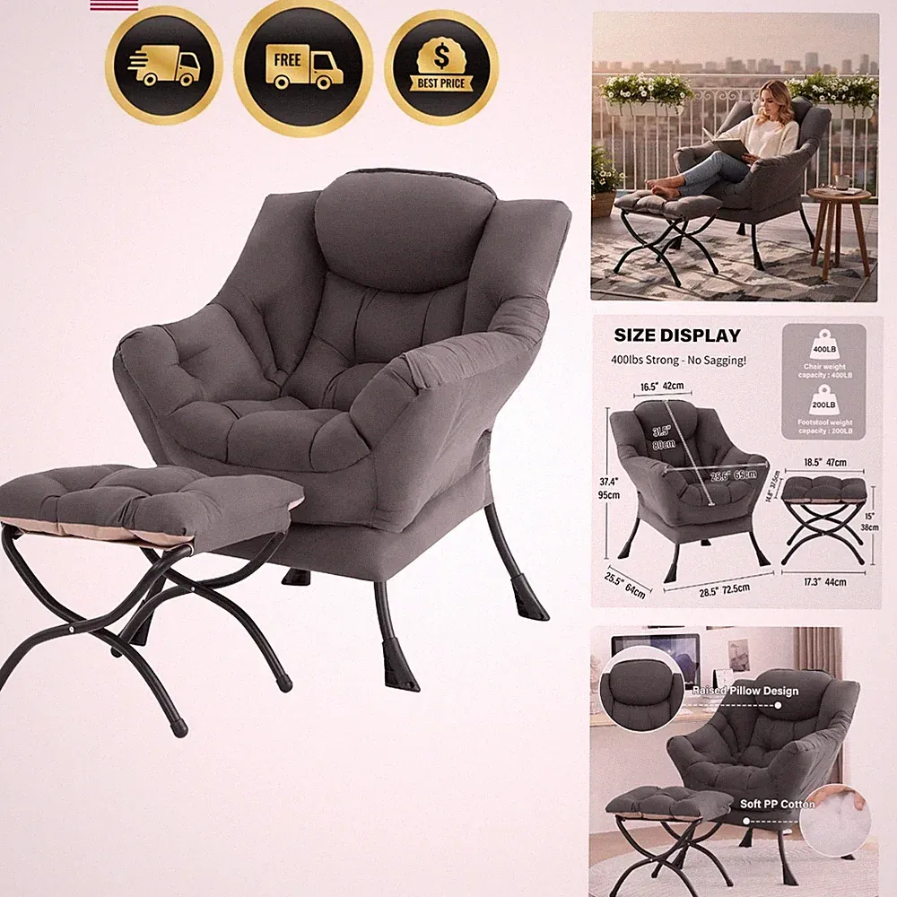 Lazy Chair with Ottoman Modern Lounge Armchair Reading Footrest Large Accent...