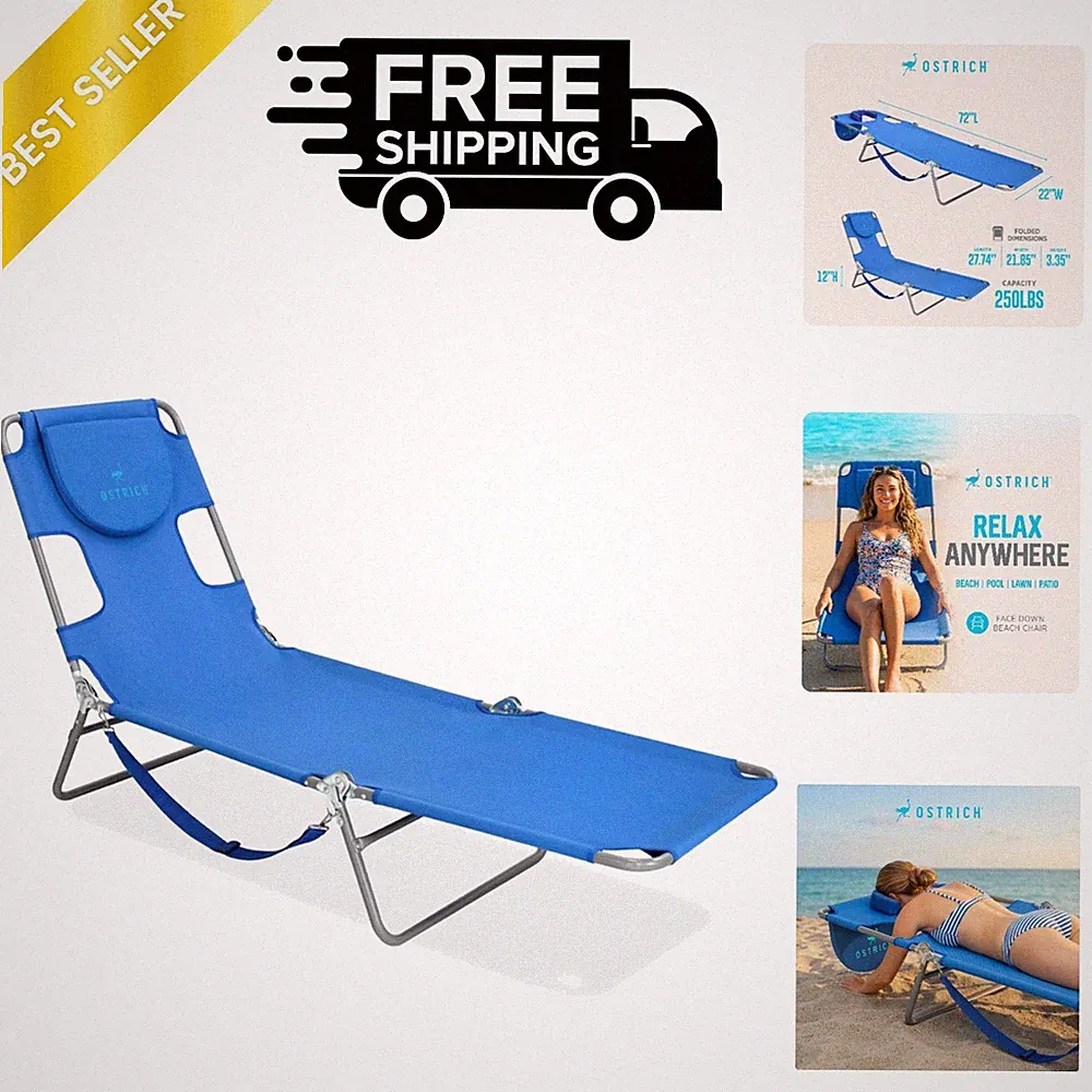 Luxury 72'' Portable Blue Reclining Lounge Chair for Beach & Patio Relaxation