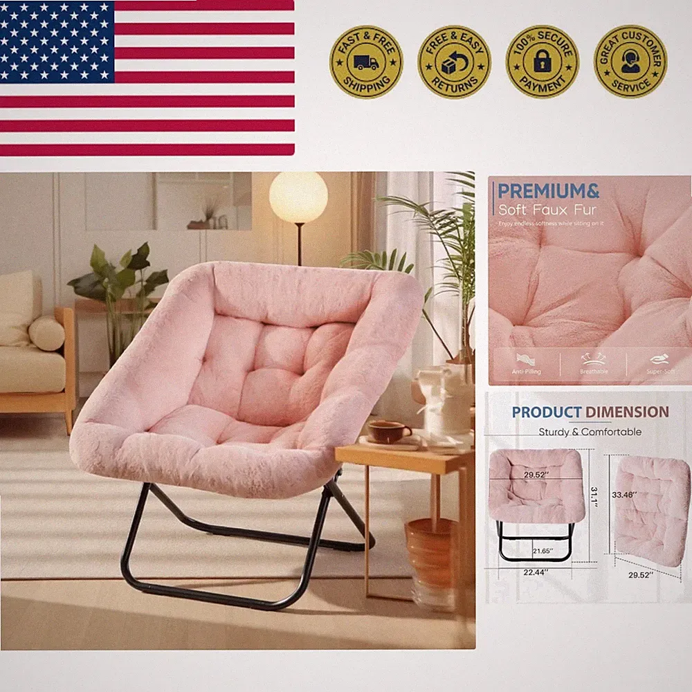 Saucer Chair, Foldable Living Room Chairs, Soft Faux Fur Lounge Chair for Bed...