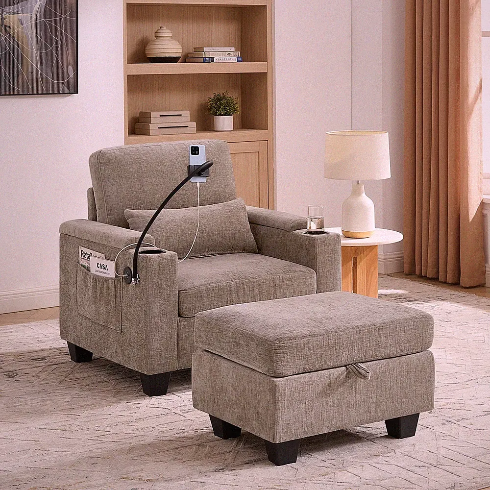 Single sofa recliner w/manually adjustable backrest, USB charging port on the a