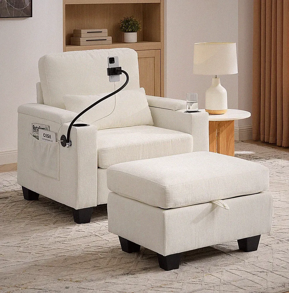 Single sofa recliner with manually adjustable backrest, USB charging port on th