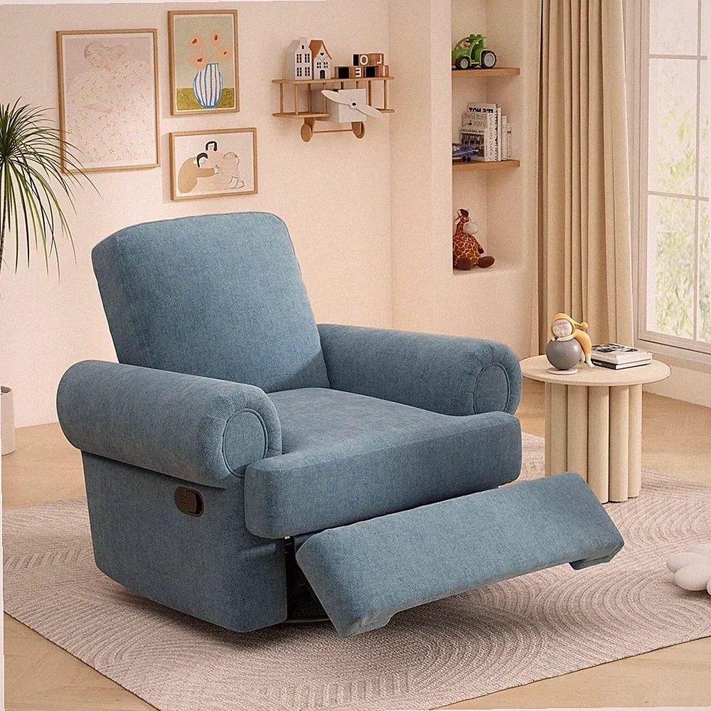 Sky Blue Chenille Swivel Recliner Chair with Adjustable Backrest for Ultimate Co