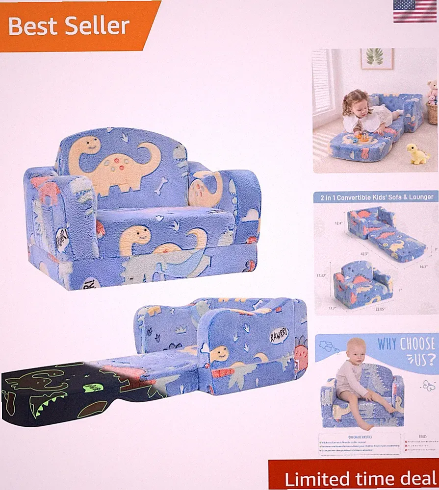 Toddler Chair and Couch 2-in-1 Fold Out Sofa for Kids Blue Dinosaur