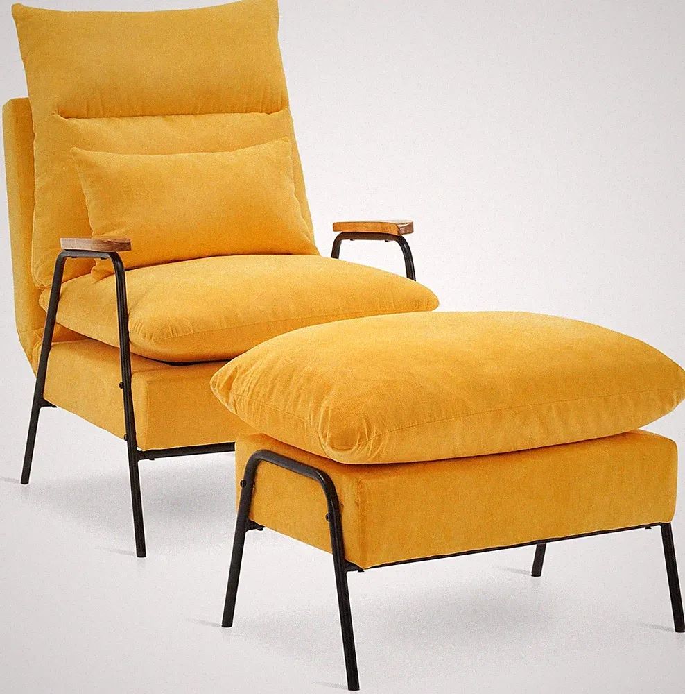 Yellow Accent Recliner Chair with Ottoman - Modern Linen Armchair for Small Spac